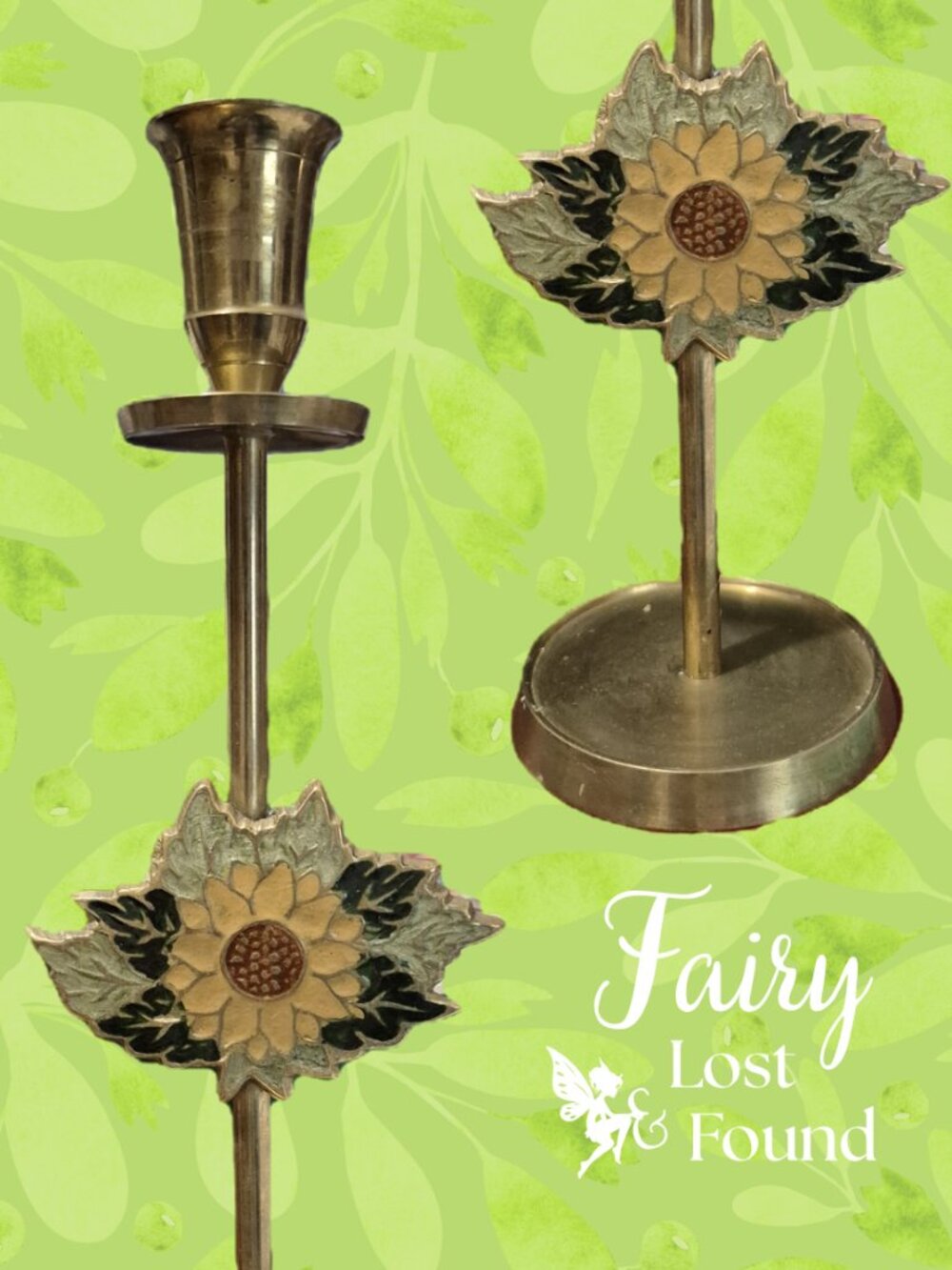 Vintage Brass Candlesticks with Enameled Sunflowers - Set of 2 - 10"